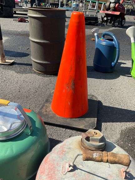 Caution Cone, Lidded Thermos, and Galvanized 2-Gallon Fuel Can
