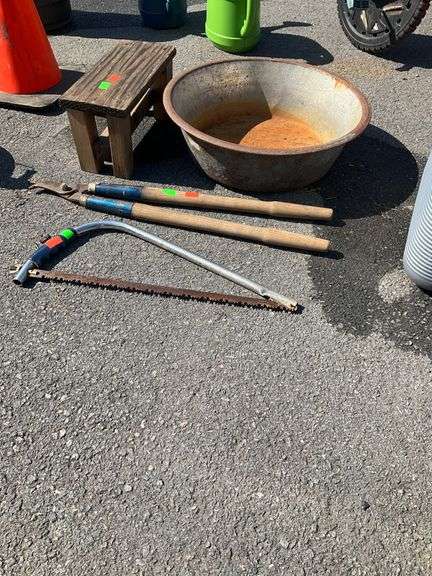 Large Metal Bowl, Bow Saw, Wooden Handle Limb Loopers, and Step Stool