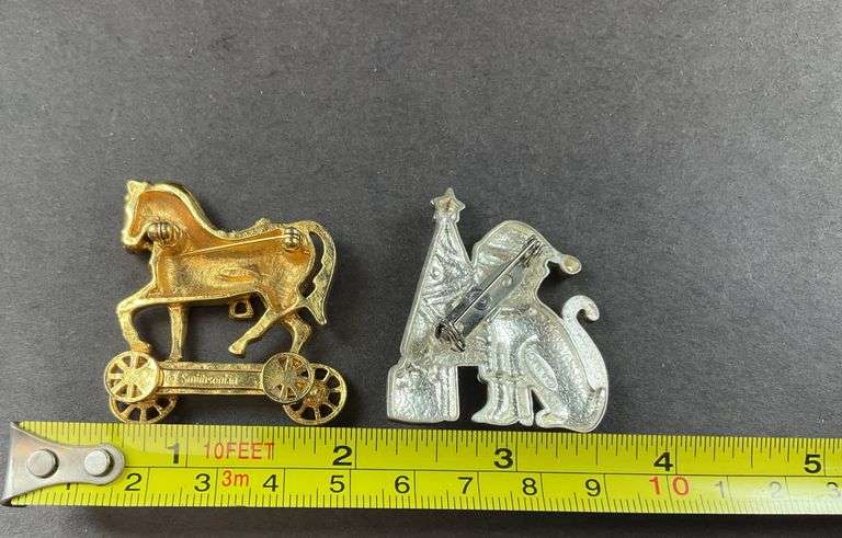Two Lapel Pins Rocking Horse w/ Cat And Christmas Tree Pin