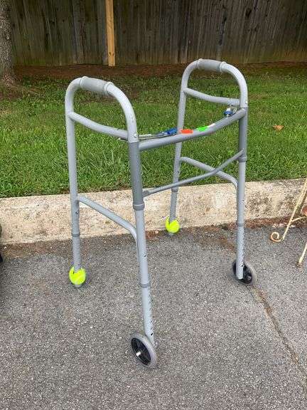 Gray Metal Mobility Walker with Two Wheels and Tennis Ball Feet