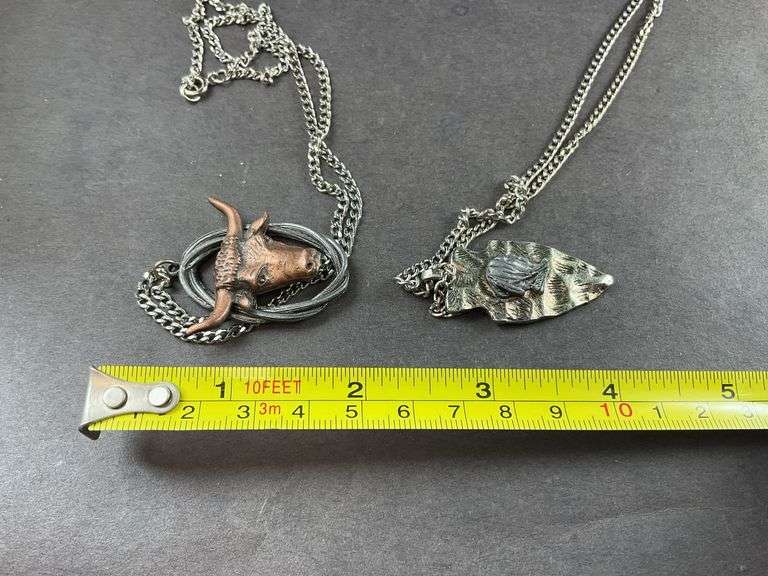 Two Men's Necklaces One Bull With Horns And Arrow Head With Indian
