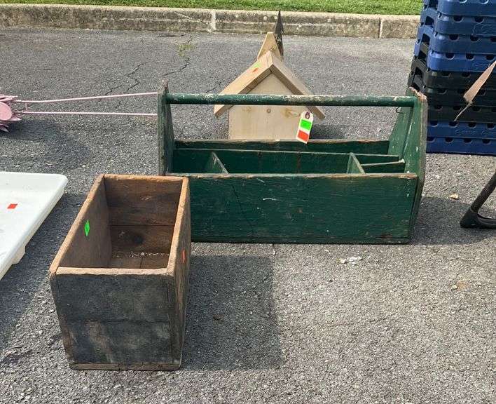 Divided Green Toolbox and Rectangular Wooden Box with Damage