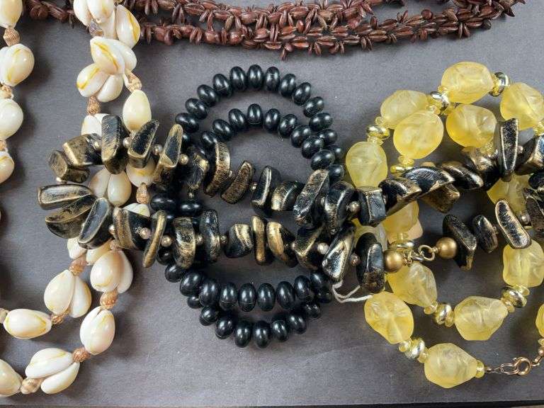 Five Costume Jewelry Necklaces-  Black Beads, Gold/ Cream Colored Bead/ Black And Gold Ceramic Necklace