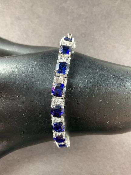 “EMA” Bracelet With Sapphire Like Stones And CZ's 18.7 grams Sterling Silver size 7.5"