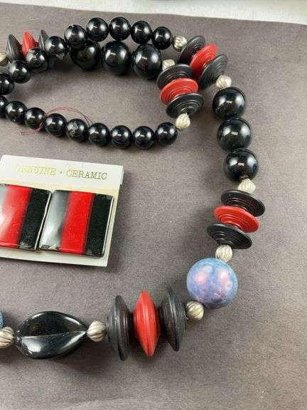 Costume Jewelry Ceramic Beaded Necklace And Earrings Also Ceramic Blues Black And Red