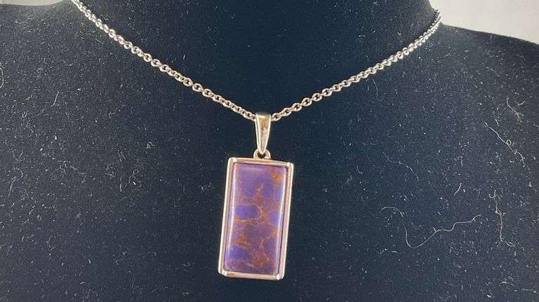 Purple turquoise pendant platinum bond and stainless steel chain 20in