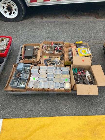 Pallet Lot of Assorted Hand Tools, Hardware, and Organizational Bins