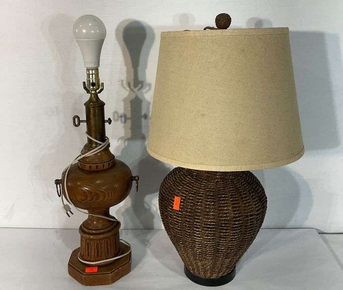 Table Lamps: Wood-Grain Lamp with Brass Accents and Woven Rope Lamp ...