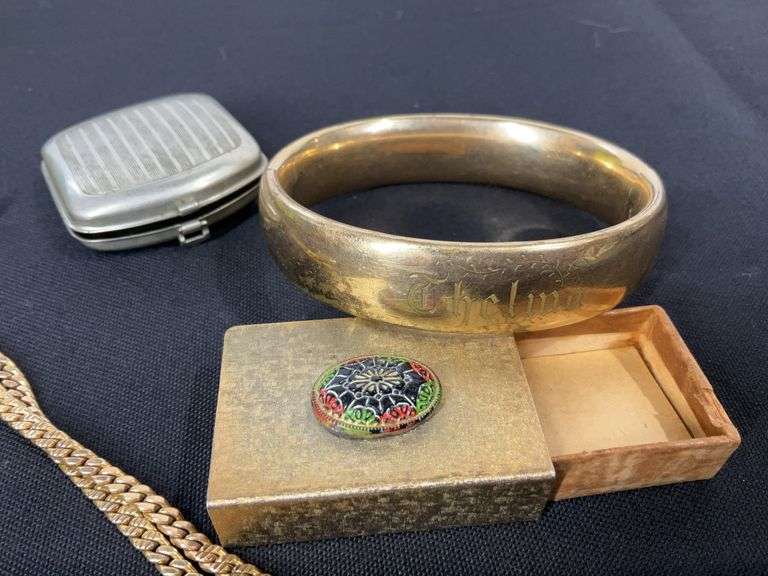 Gold filled locket pendant, match box, pill box, goldtone bracelet personalized “Thelma” , and three chains