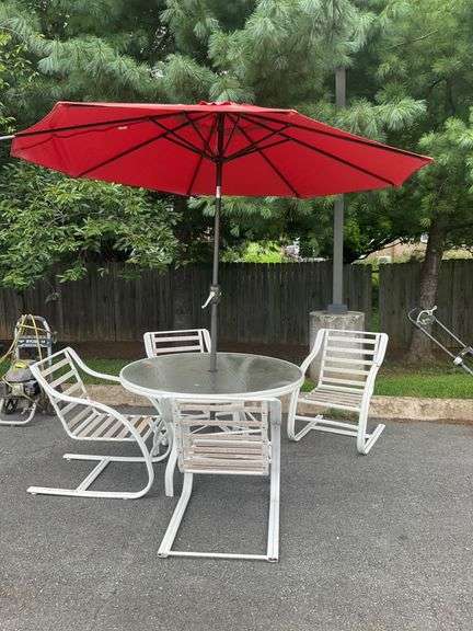 5-Piece Patio Set with Aluminum Frame Chairs, Glass-Top Table, and 8’ Dia. Red Umbrella
