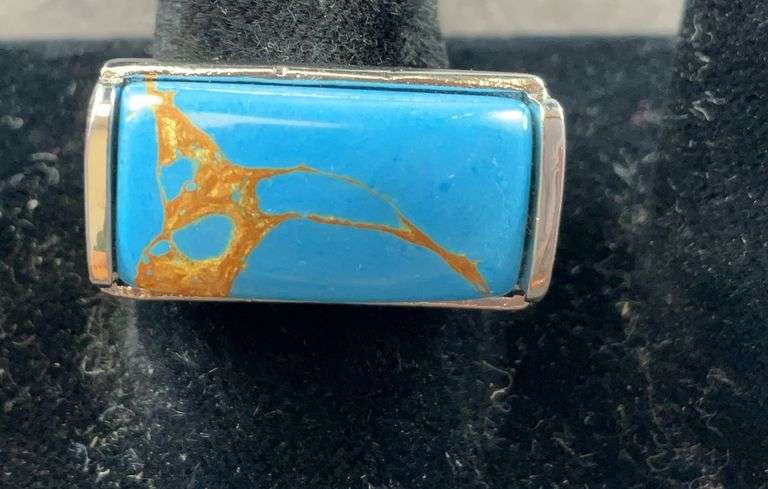 Blue turquoise solitaire ring platinum bond size 7