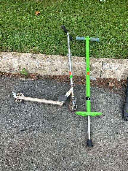 Folding Metal Scooter and Green Pogo Stick