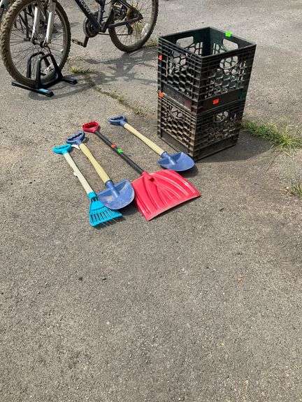 Plastic Toy Shovels and Rakes with Two Milk Crates