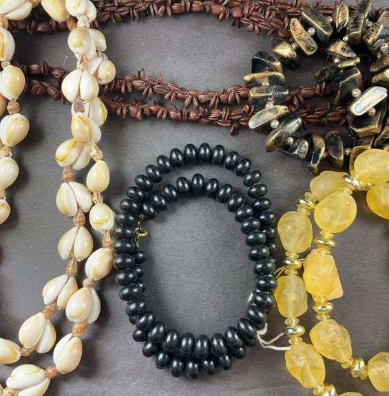 Five Costume Jewelry Necklaces-  Black Beads, Gold/ Cream Colored Bead/ Black And Gold Ceramic Necklace