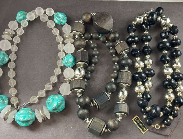 Costume Jewelry Necklace With Black And Gold Ceramic Beads/ Black Wood Necklace Material With Silver Spacers and Necklace With Clear Beads And Turquoise Blue Decorative Beads