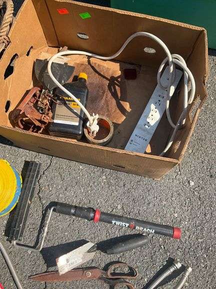 Wicker Basket and Cardboard Box Containing Assorted Tools