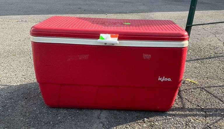 Red Igloo Cooler with Hinged Lid and Side Handles