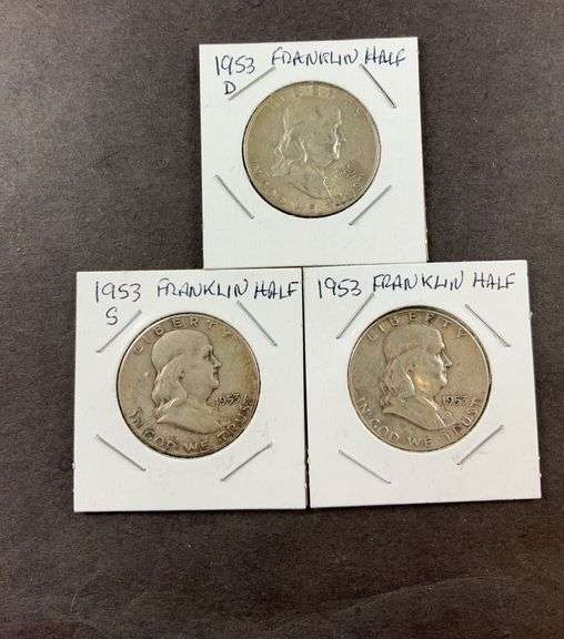 Three Franklin half dollars 1953D, 1953, and 1953S