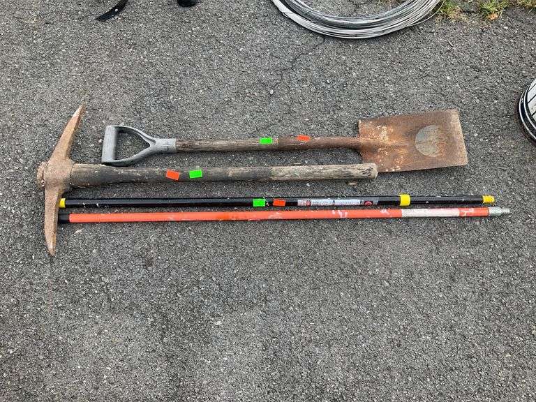 Pickaxe and Shovel with Two Extending Poles