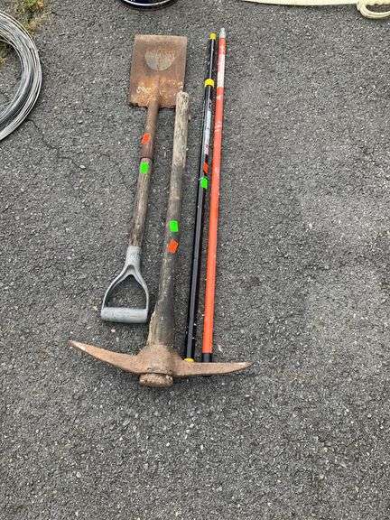 Pickaxe and Shovel with Two Extending Poles