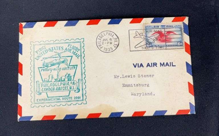 U.S. Air mail 1939 dated envelope Mr. Lewis Stoner Emmitsburg, Maryland, has something inside but it is stuck to the envelope