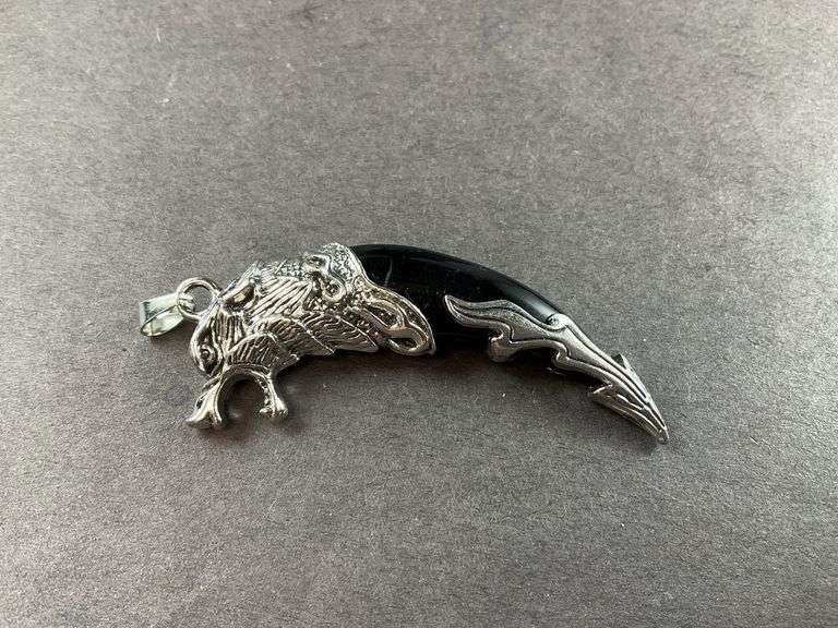 Stainless faux black jade wolf tooth pendant