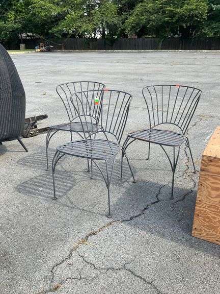 Three Metal Side Chairs with Slatted Seats and Curved Bar Backing