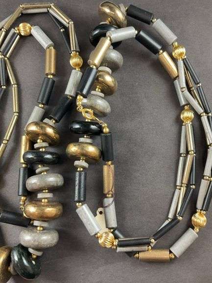 Three necklaces, Costume Jewelry Ceramic Beaded Necklace Blues Cream Colored and two black and goldtone beads