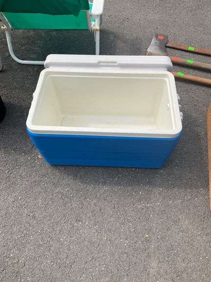 Blue and White Plastic Cooler with Lid and Handles