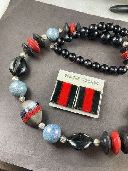 Costume Jewelry Ceramic Beaded Necklace And Earrings Also Ceramic Blues Black And Red