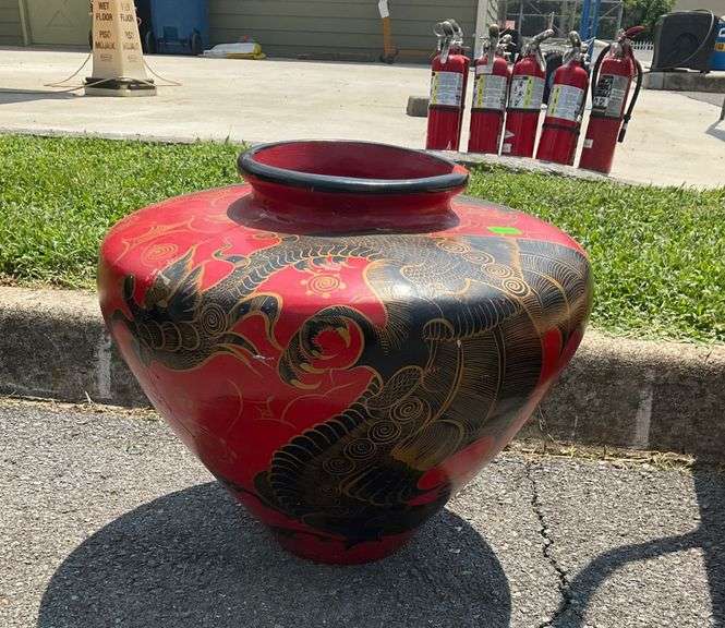 Clay Planter with Dragon Motif on Red Background