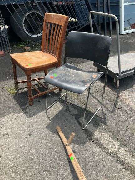 Two Chairs Including Wooden Slatted and Metal-Framed Chair