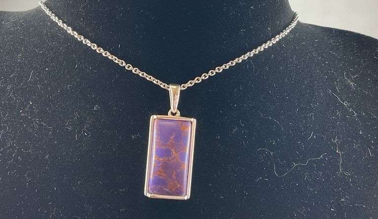 Purple turquoise pendant platinum bond and stainless steel chain 20in