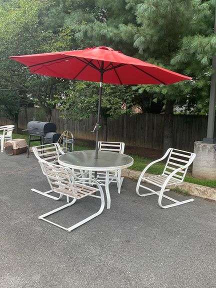5-Piece Patio Set with Aluminum Frame Chairs, Glass-Top Table, and 8’ Dia. Red Umbrella