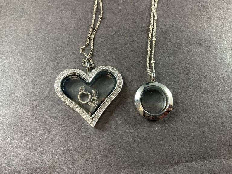 “Origami Owl” Two Necklaces With Pendants Costume Jewelry One Had Heart With CZ's Love And Ring, Second Is A Plain Pendant