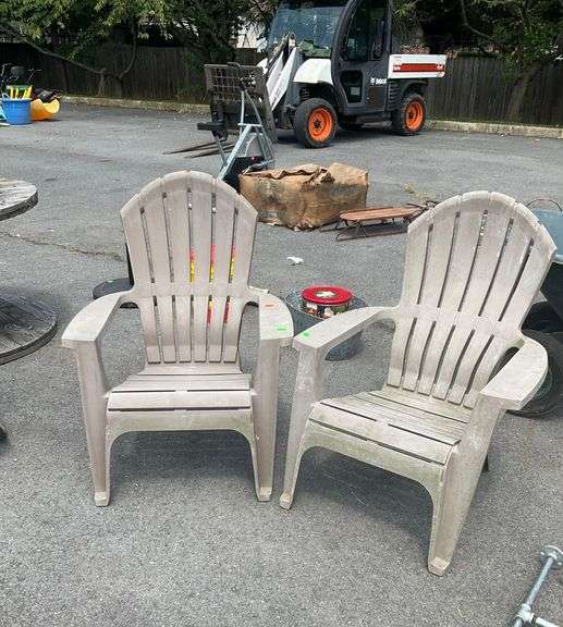 Beige Plastic Patio Chairs with Crack in Seat