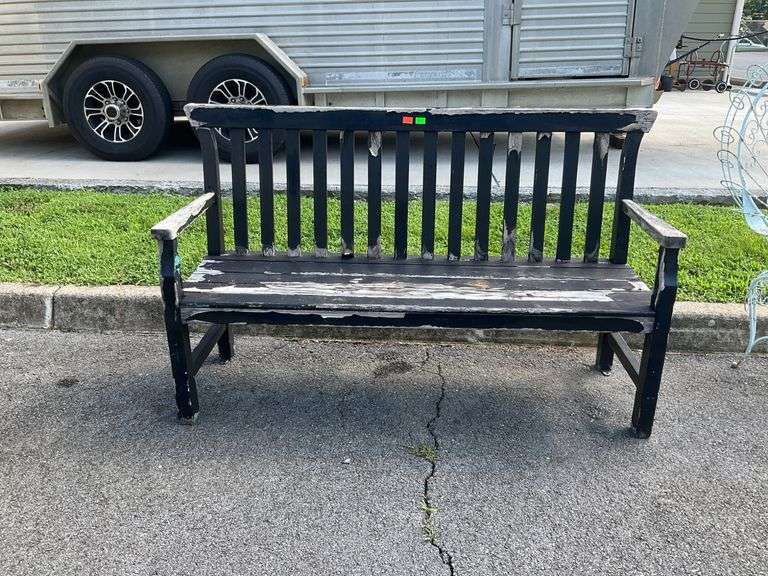 54-Inch Black Solid Wood Bench with Slatted Backrest and Arms