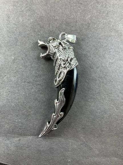 Stainless faux black jade wolf tooth pendant