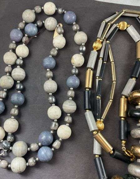 Three necklaces, Costume Jewelry Ceramic Beaded Necklace Blues Cream Colored and two black and goldtone beads