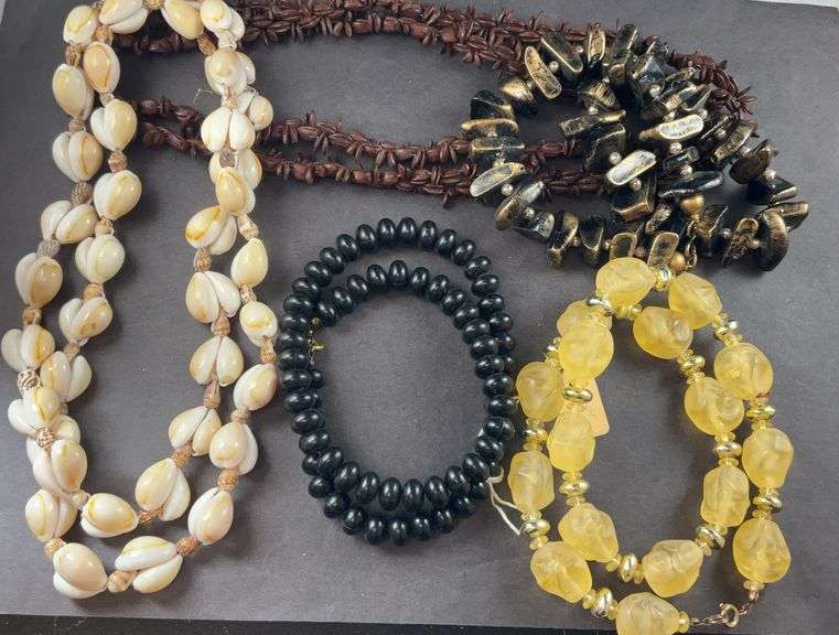 Five Costume Jewelry Necklaces-  Black Beads, Gold/ Cream Colored Bead/ Black And Gold Ceramic Necklace