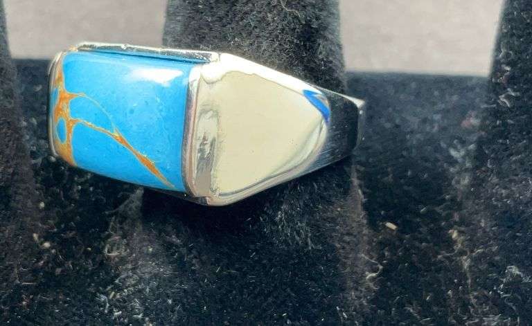 Blue turquoise solitaire ring platinum bond size 7