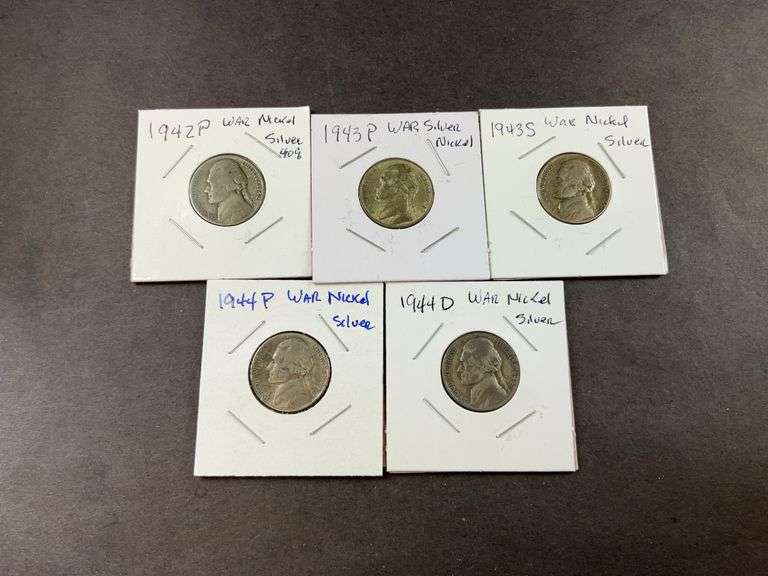 Five silver Jefferson nickels
