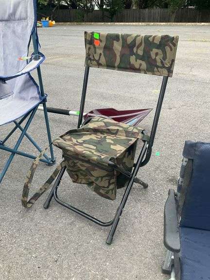Folding Chair with Camo Seat, Metal Frame, and Zippered Storage