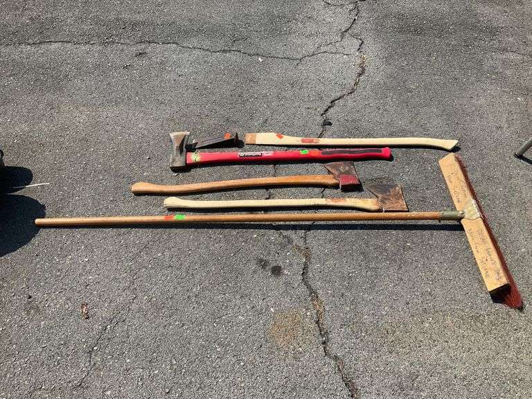 Push Broom, Splitting Wedge, Splitting Maul, and Two Axes with Wooden Handles