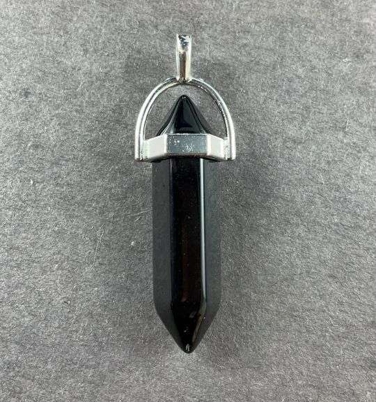 Black obsidian hexagonal crystal silvertone pendant