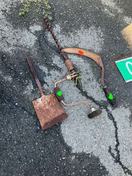 Rustic Manual Drill, Spatula, and Wooden Handle Hand Scythe Set