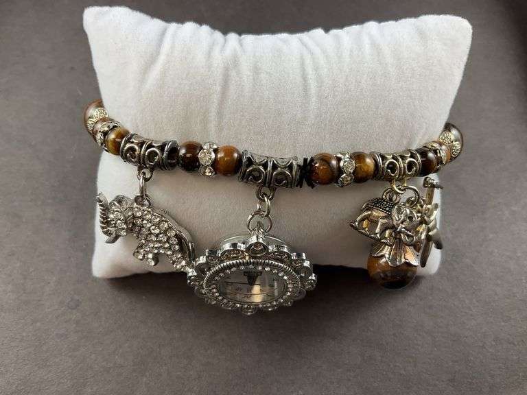 Strada / Genoa tigers eye bead and Austrian crystal Japanese movement 7-7.5in stretch bracelet silvertone watch with charms, new, runs