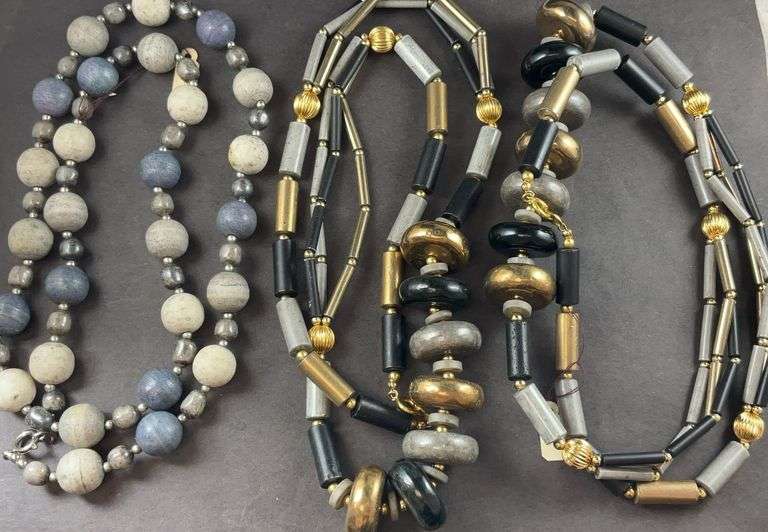 Three necklaces, Costume Jewelry Ceramic Beaded Necklace Blues Cream Colored and two black and goldtone beads