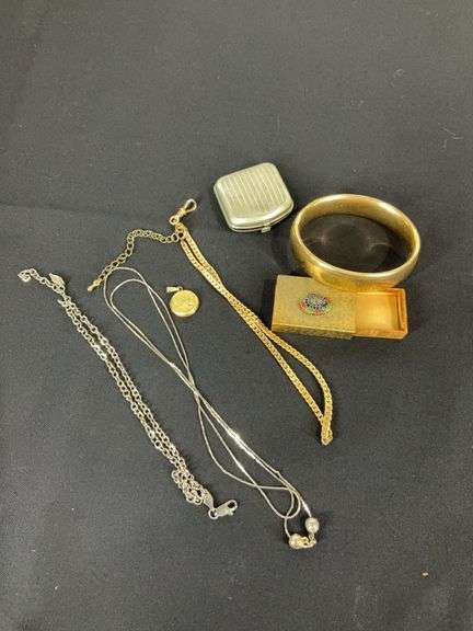 Gold filled locket pendant, match box, pill box, goldtone bracelet personalized “Thelma” , and three chains