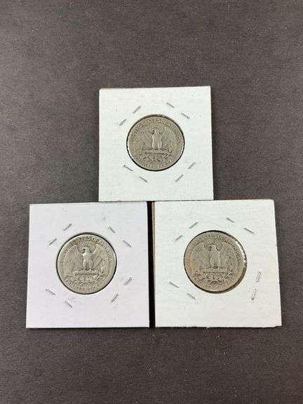 Three silver Washington quarters 1943, 1944D, and 1945